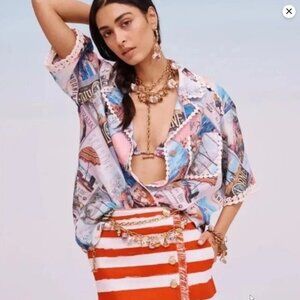 Zimmermann Postcard Printed Ramie Oversized Belted Shirt Raffia Ramie  0 US 4